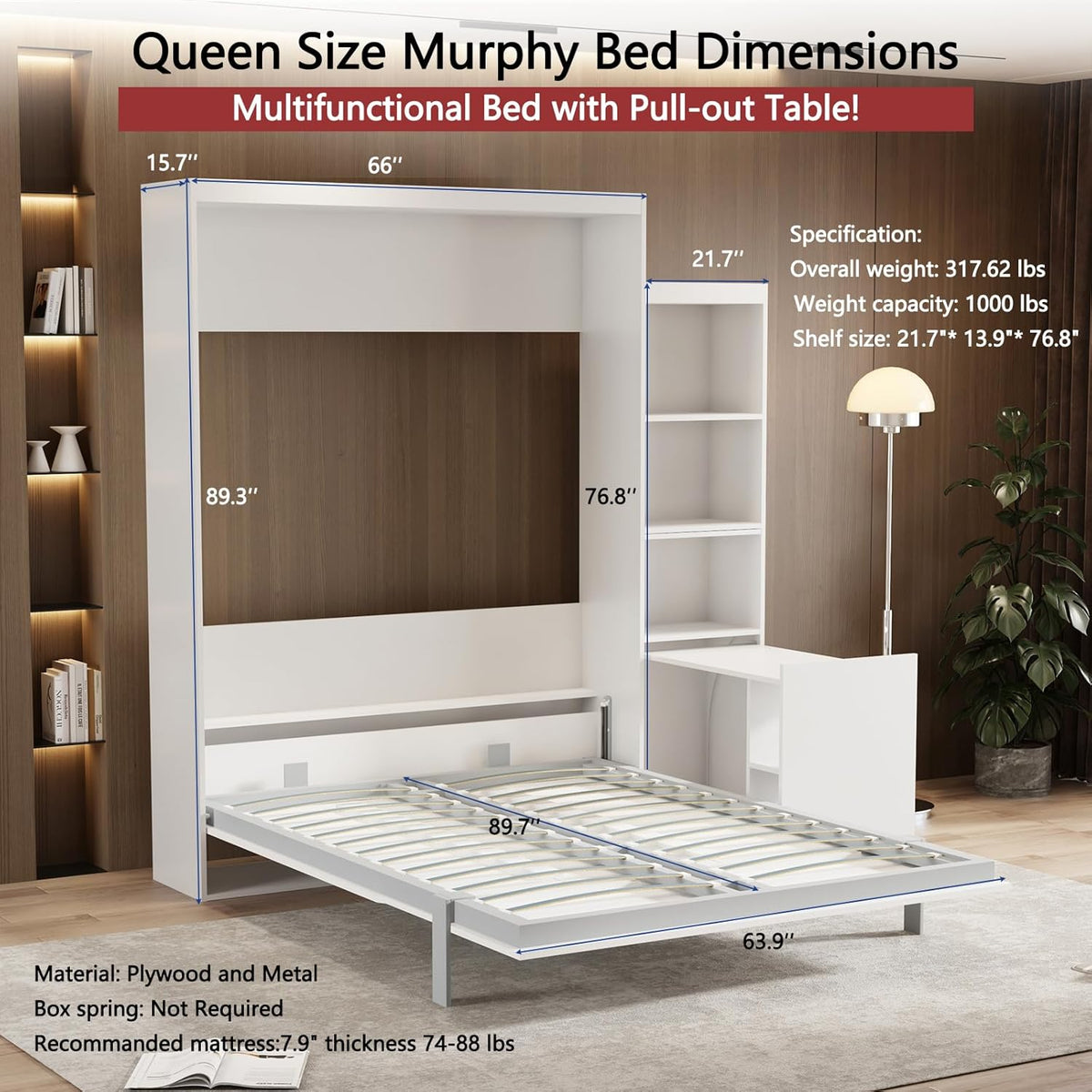 White Queen Size Vertical Murphy Bed with Desk and Drawers T34307