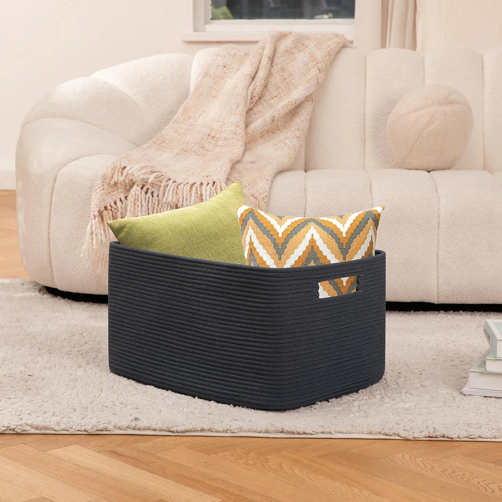75L Large Woven Cotton Rope Blanket Storage Basket with Handle W471