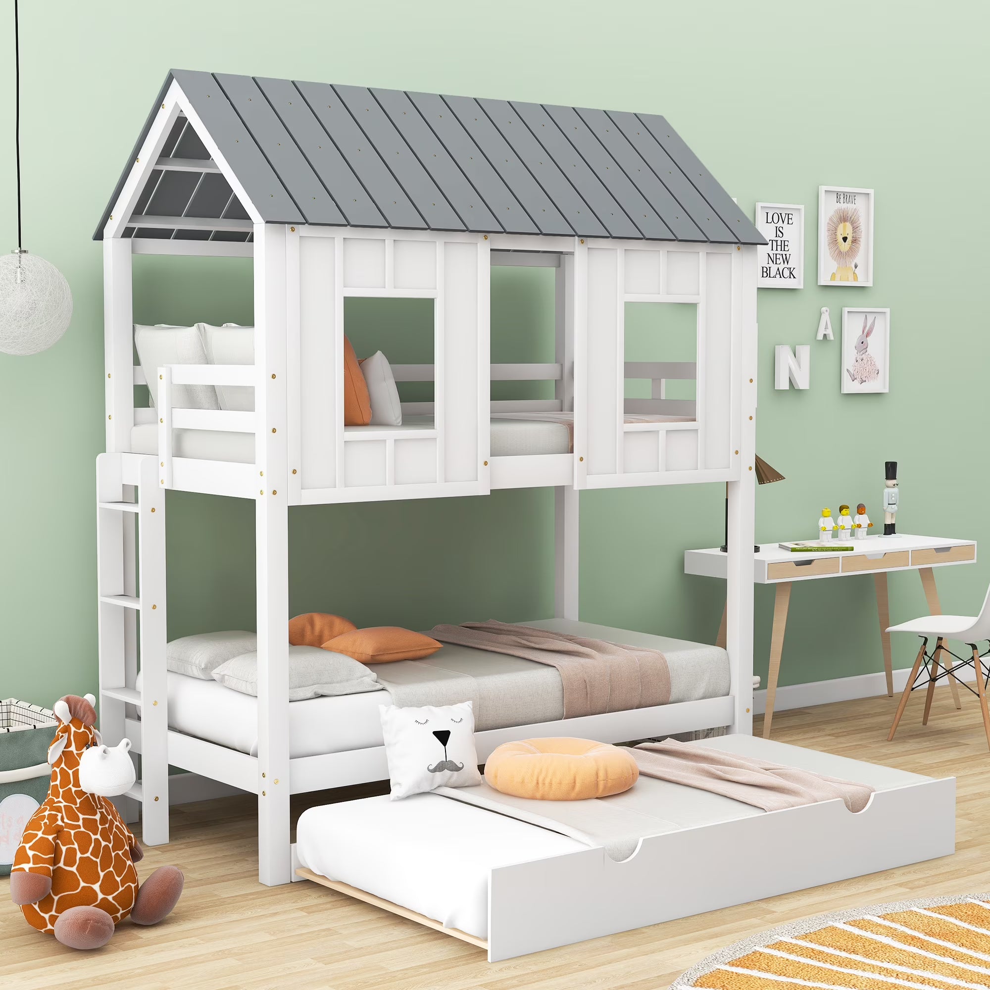 Twin Size House Bunk Bed with Trundle A980075