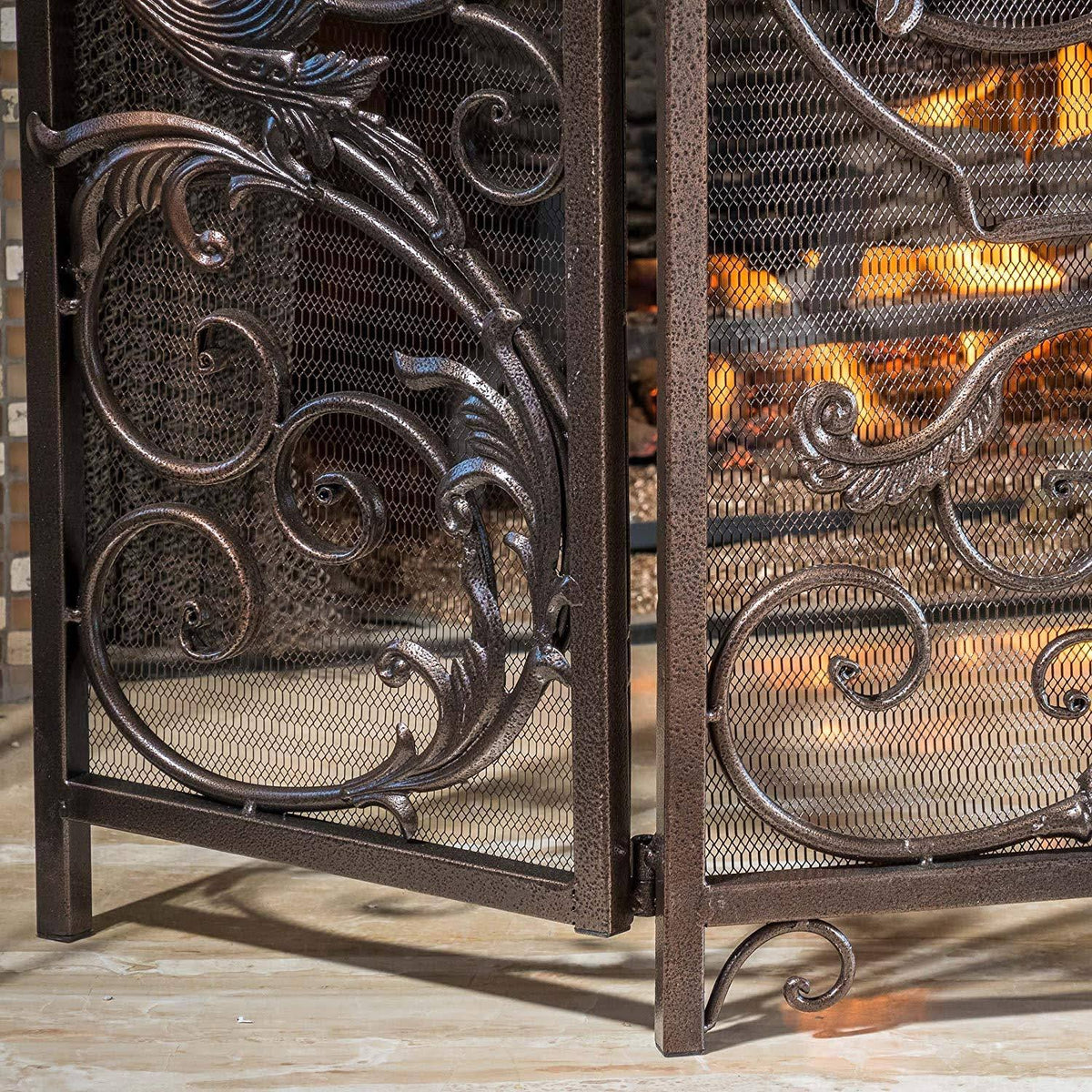 Black Gold Finish Floral Iron Fireplace Screen W691708