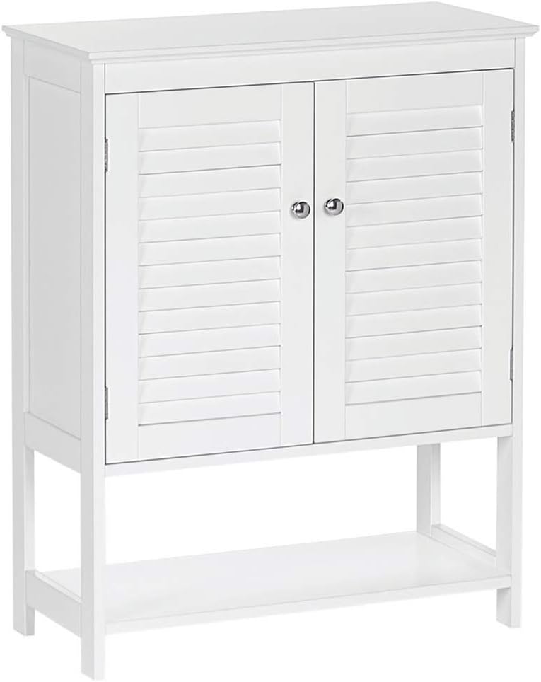 White Two-Door Floor Cabinet with Open Shelf P19919