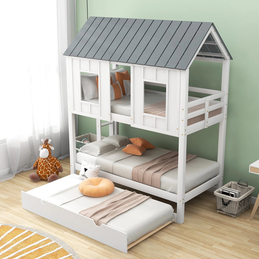 Twin Size House Bunk Bed with Trundle A980075