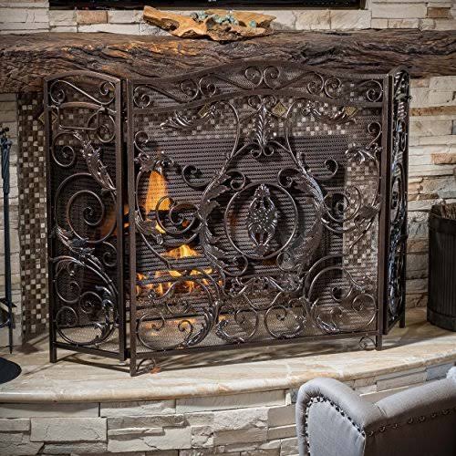 Black Gold Finish Floral Iron Fireplace Screen W691708