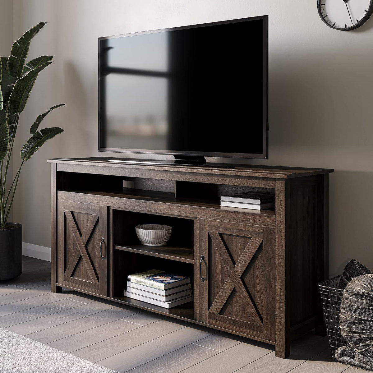 Modern Barn Door Wood Electric Fireplace TV Stand with Two Open Shelves and Cabinets F8359