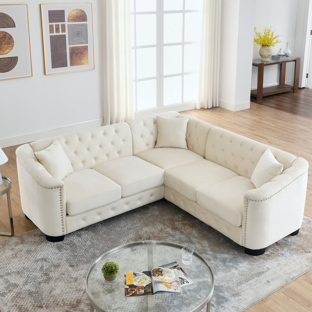 Beige Velvet 5-Seater Corner Sofa with 3 Cushions C83381
