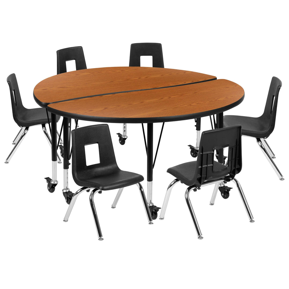 Mobile Laminate Activity Table Set with Student Stack Chairs, Oak/Black Q7012