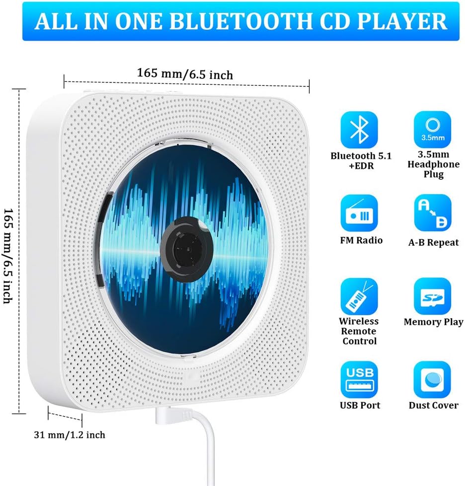 CD Player with Bluetooth, Portable Wall Mountable CD Player with Dust Cover, Home Audio Boombox with Remote Control FM Radio Colorful Light MP3 Headphone Jack AUX Input Output Pack of 2 N81412