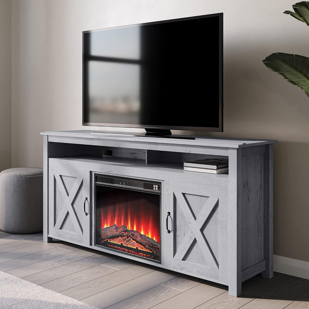 Modern Barn Door Wood Electric Fireplace TV Stand with Two Open Shelves and Cabinets F8359