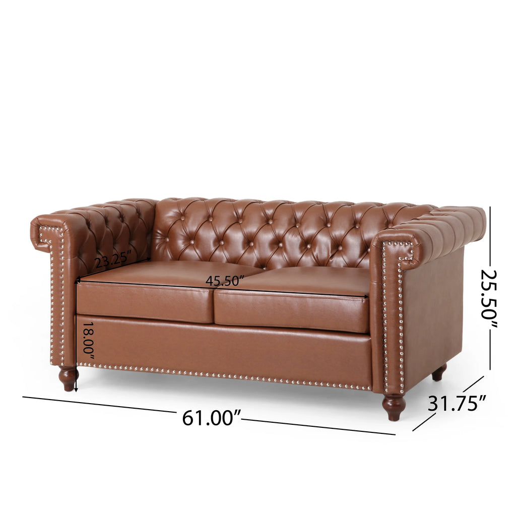 Cognac Brown Upholstered Button Tufted Loveseat with Nailhead Trim T543257