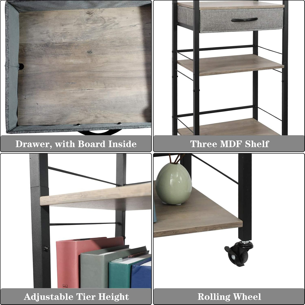 3 Tier Rolling Utility Cart with Drawer L1139