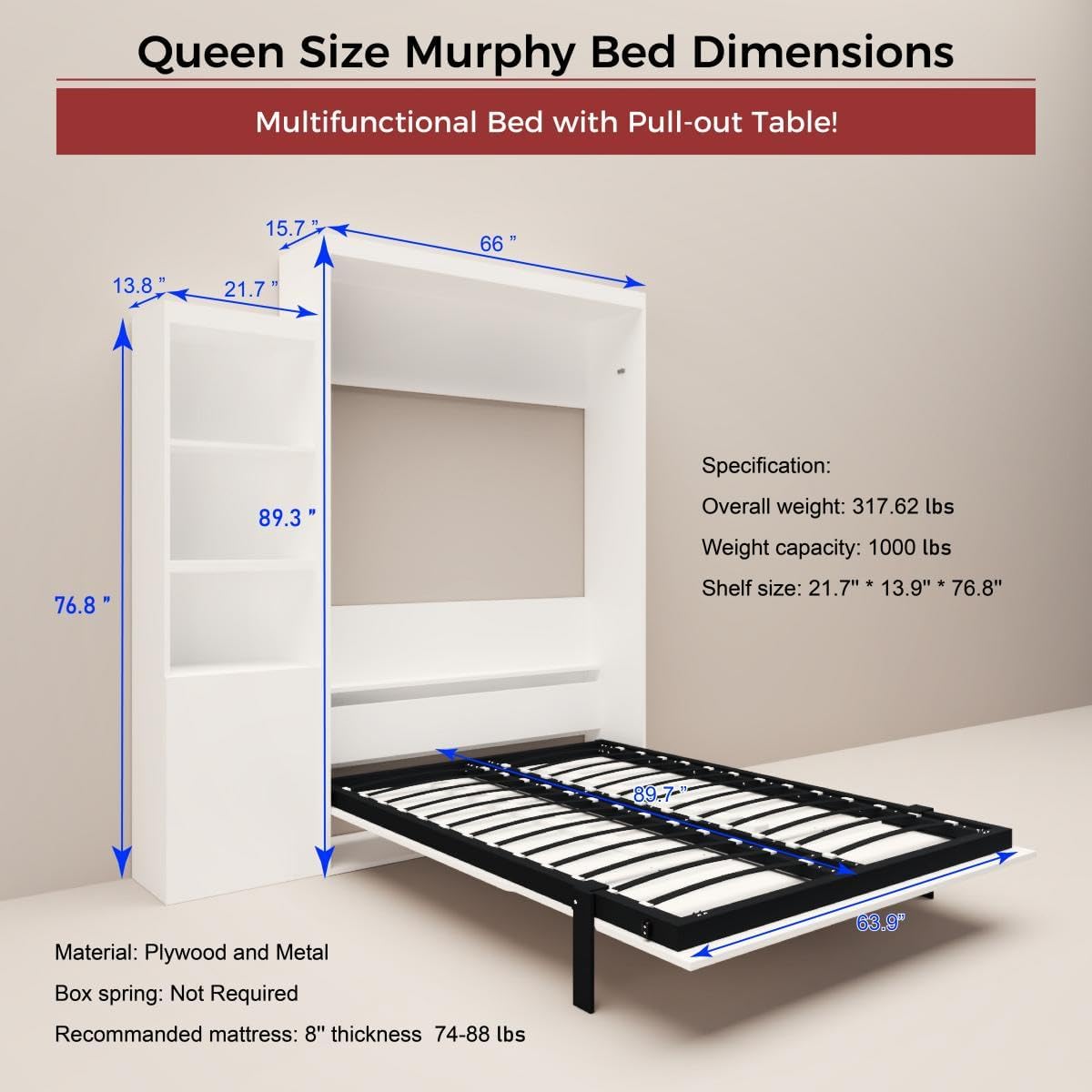 White Queen Size Vertical Murphy Bed with Desk and Drawers T34307