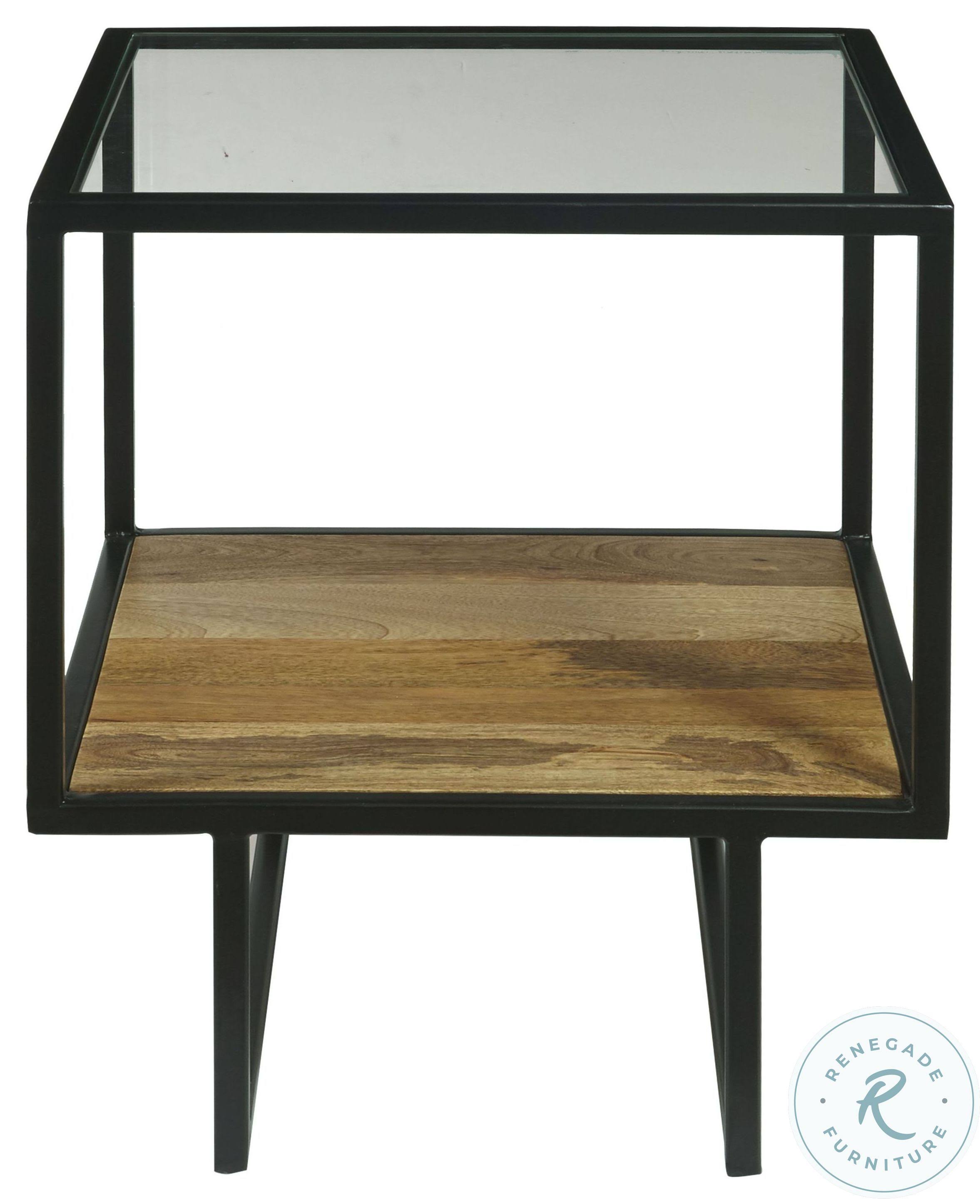 Black Glass Top End Table with Wooden Shelf O949
