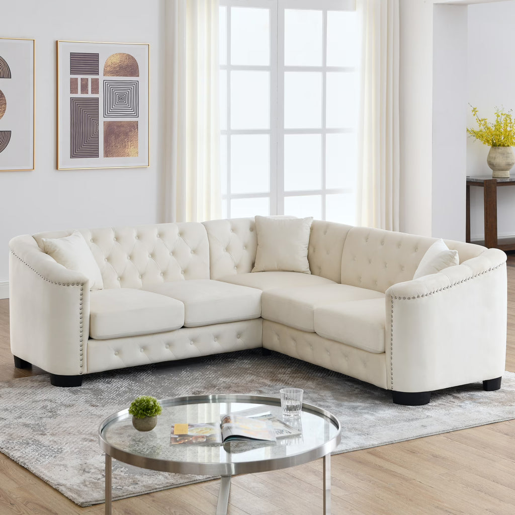 Beige Velvet 5-Seater Corner Sofa with 3 Cushions C83381
