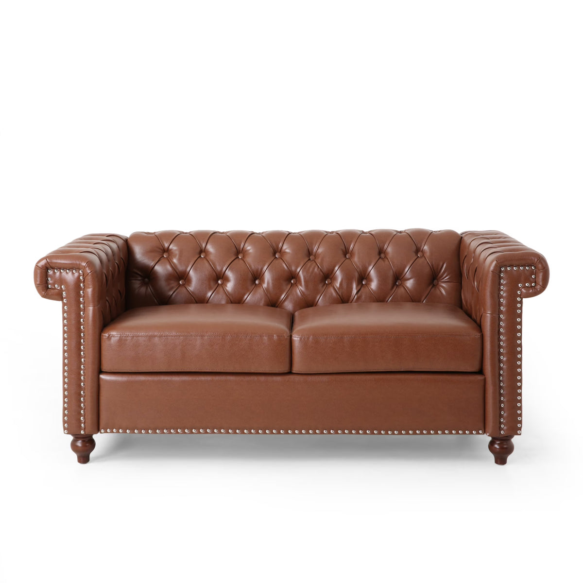 Cognac Brown Upholstered Button Tufted Loveseat with Nailhead Trim T543257