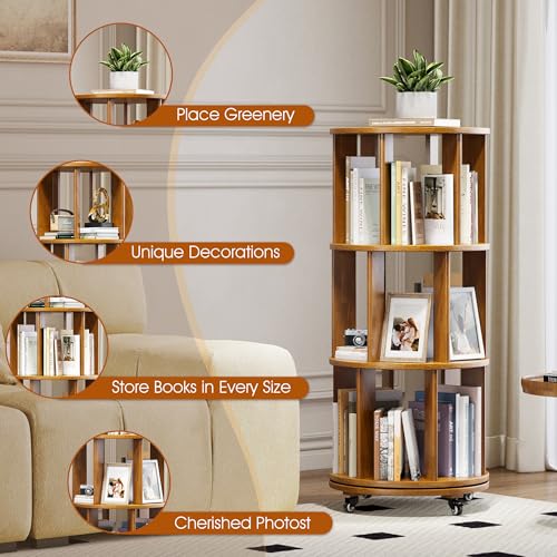 Walnut Solid Wood Rotating Bookshelf with Swivel Wheels C603421