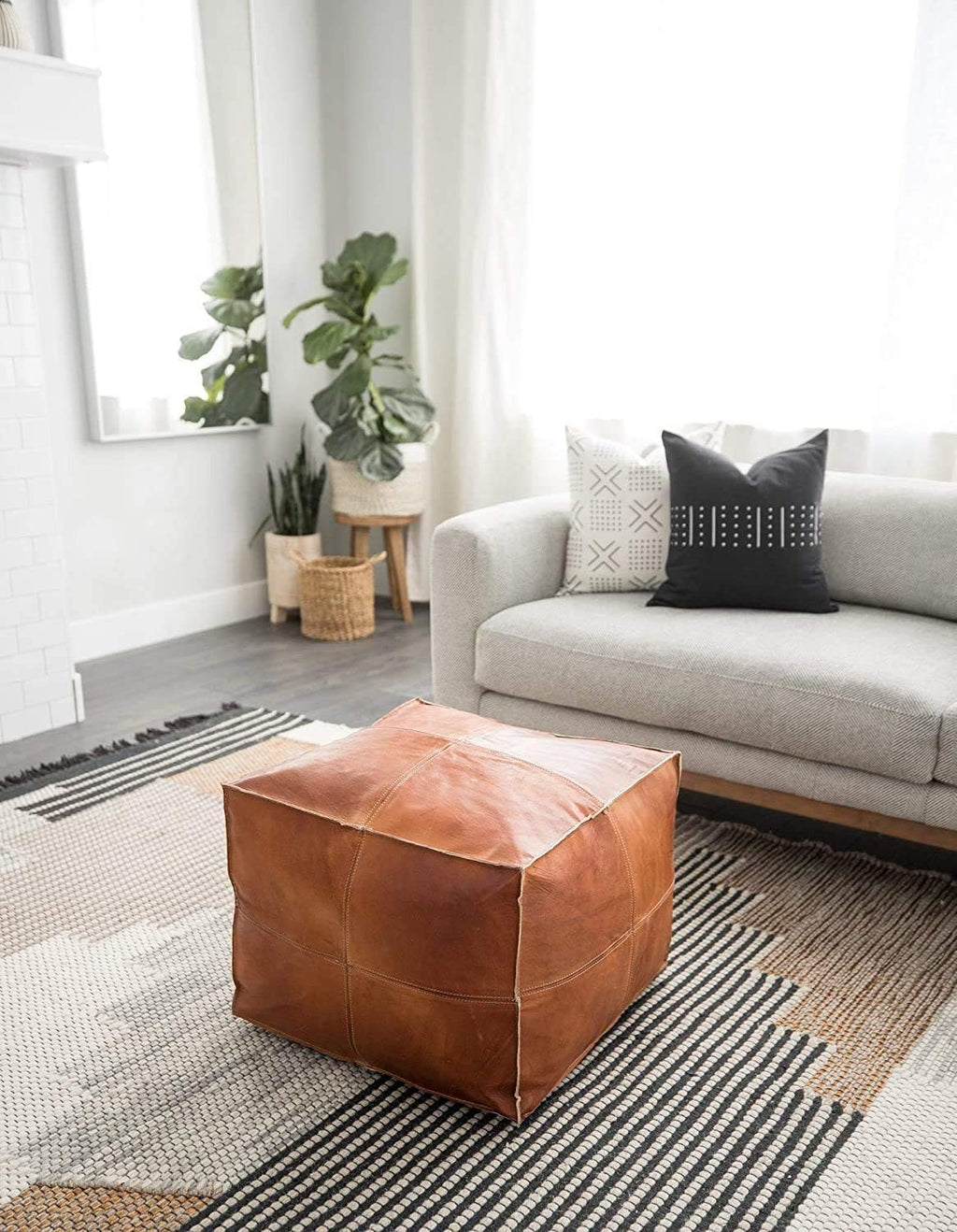 Natural Brown Leather Pouf Ottoman J9967