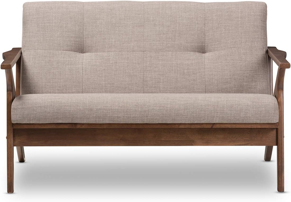 Walnut Wood Light Grey Fabric Tufted 2-Seater Loveseat U511