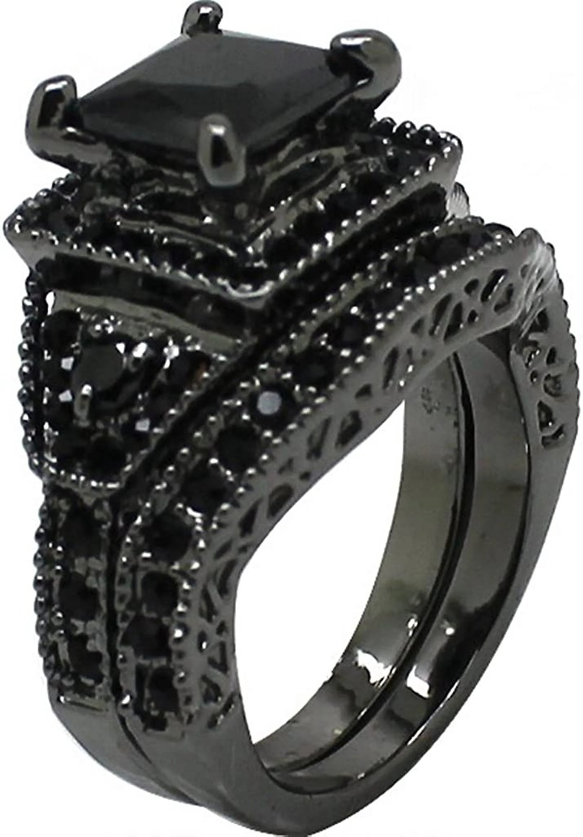 Black Onyx Princess Cut Bridal Ring Set N4789