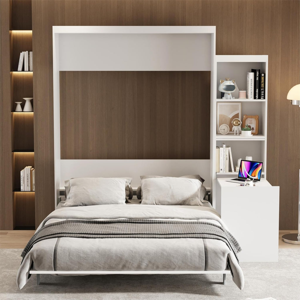 White Queen Size Vertical Murphy Bed with Desk and Drawers T34307