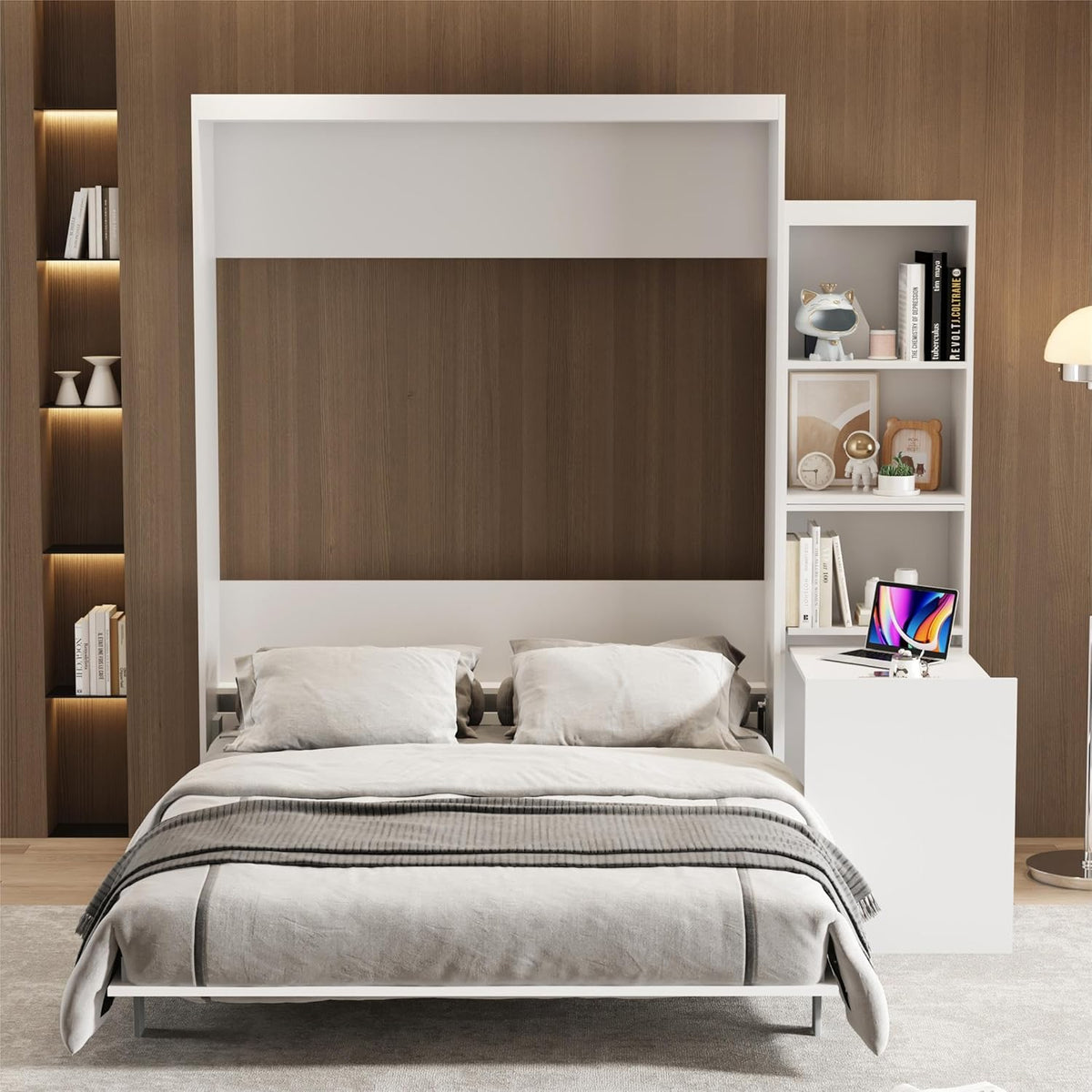 White Queen Size Vertical Murphy Bed with Desk and Drawers T34307