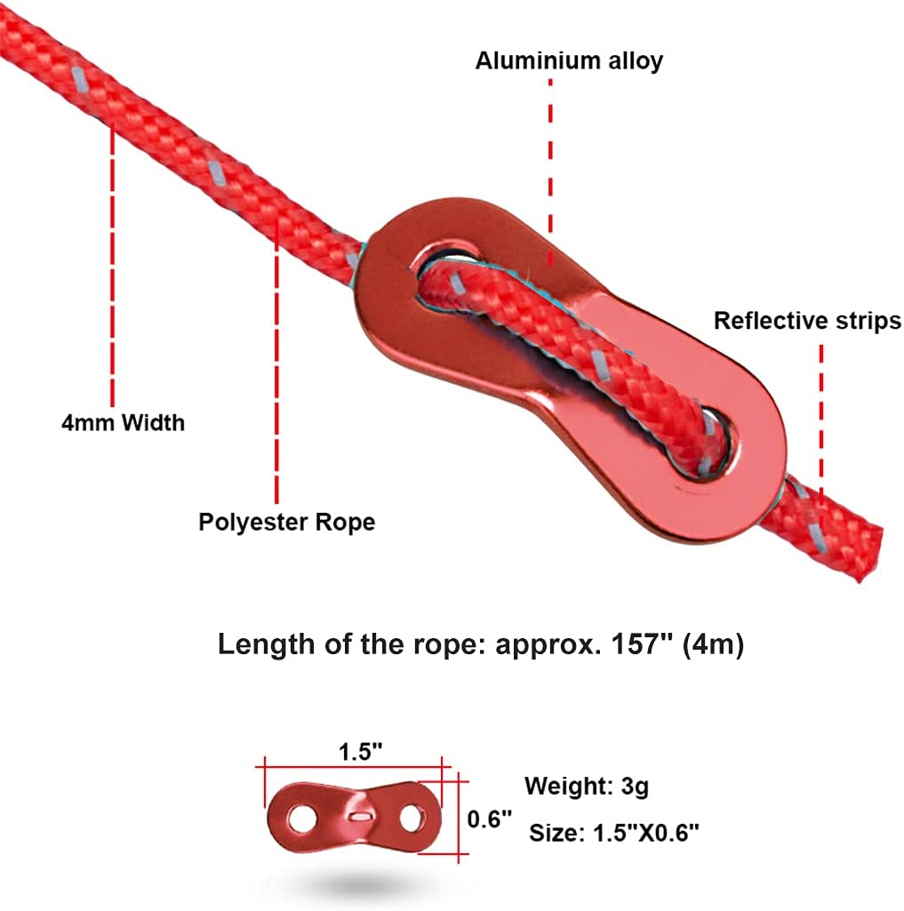 Red 12pcs Lightweight Camping Rope with Aluminum Tensioner Pouch N6927