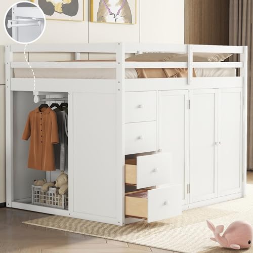Gray Wood Loft Bed with Stairs and Wardrobe N90732