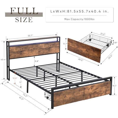 Full Size Metal Platform Bed with Storage Headboard and 2 Drawers L331008
