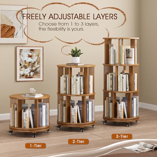 Walnut Solid Wood Rotating Bookshelf with Swivel Wheels C603421