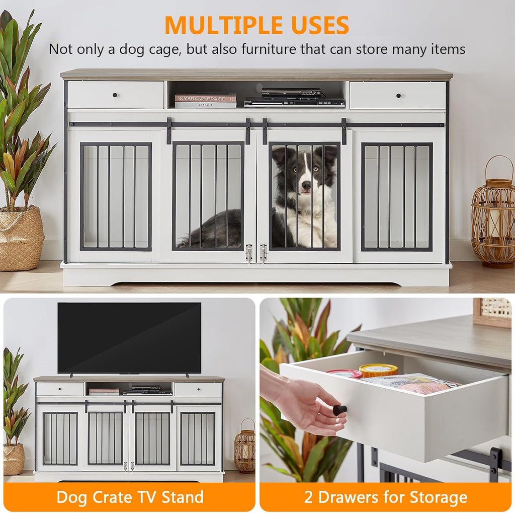 White Double Dog Crate Furniture with Divider and 2 Drawers M668