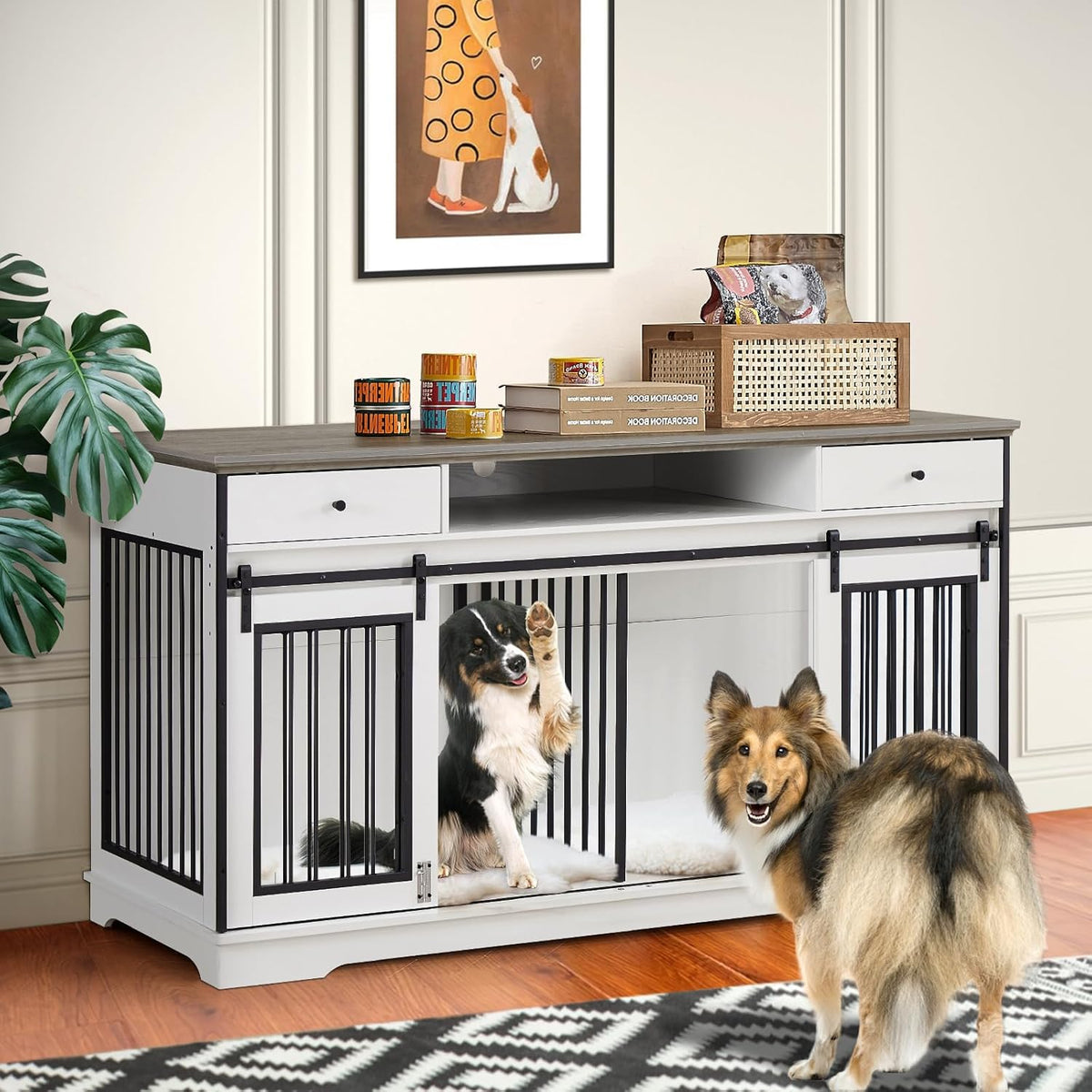 White Double Dog Crate Furniture with Divider and 2 Drawers M668