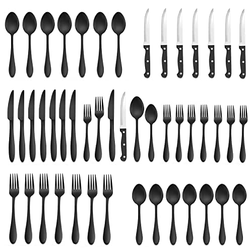 48-Piece Black Stainless Steel Silverware Set with Steak Knives X370