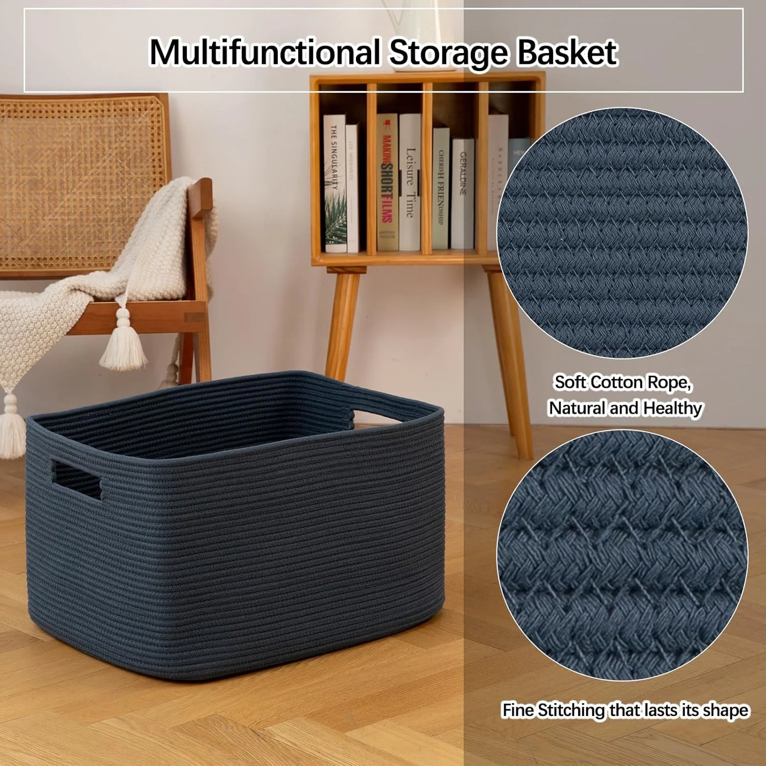 75L Large Woven Cotton Rope Blanket Storage Basket with Handle W471