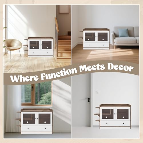White Multi-Functional Cat Litter Box Enclosure with Smart Door & LED Light E33617