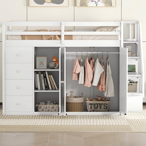 Gray Wood Loft Bed with Stairs and Wardrobe N90732