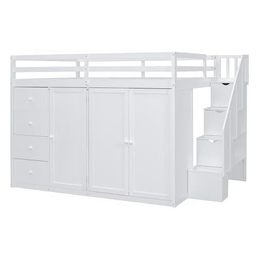 Gray Wood Loft Bed with Stairs and Wardrobe N90732