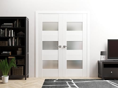 Solid French Double Doors 36 x 80 inches Opaque Glass White Silk Wood Solid Panel Frame K980