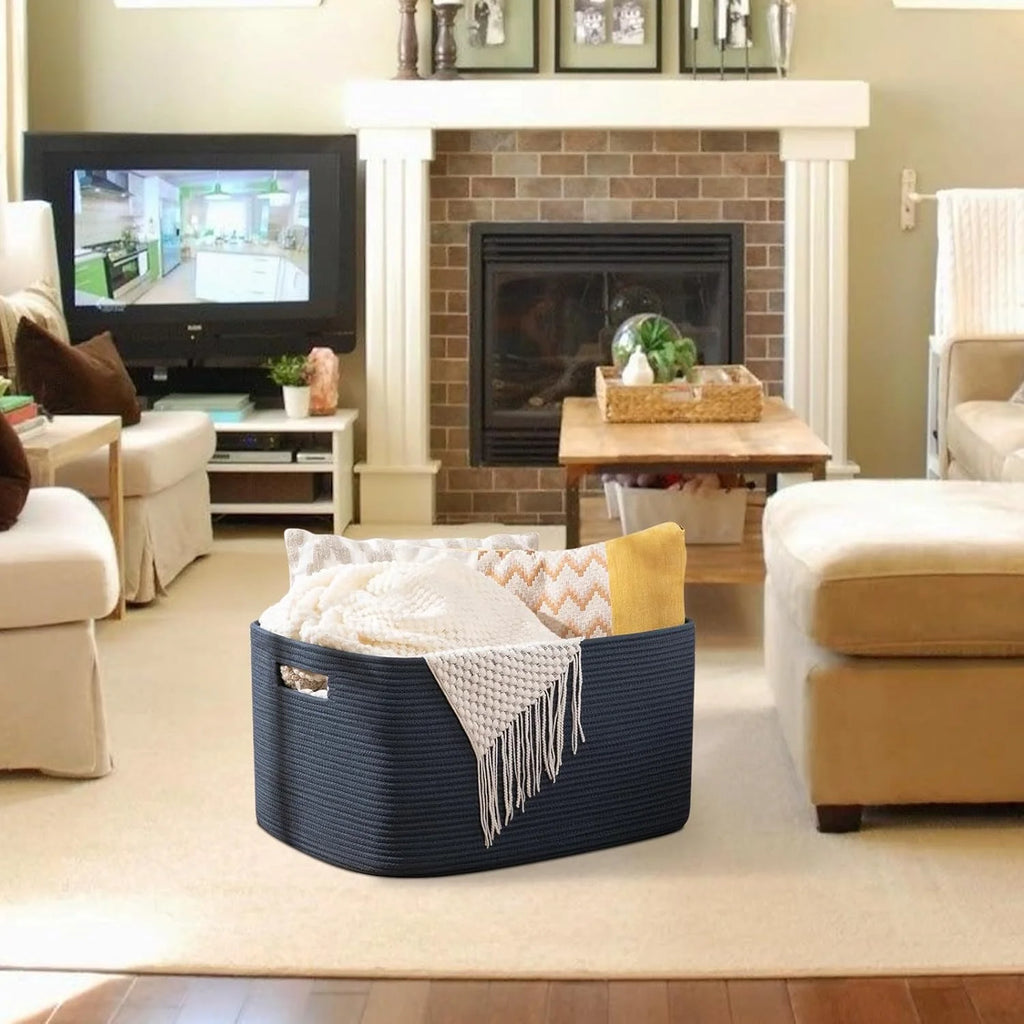 75L Large Woven Cotton Rope Blanket Storage Basket with Handle W471