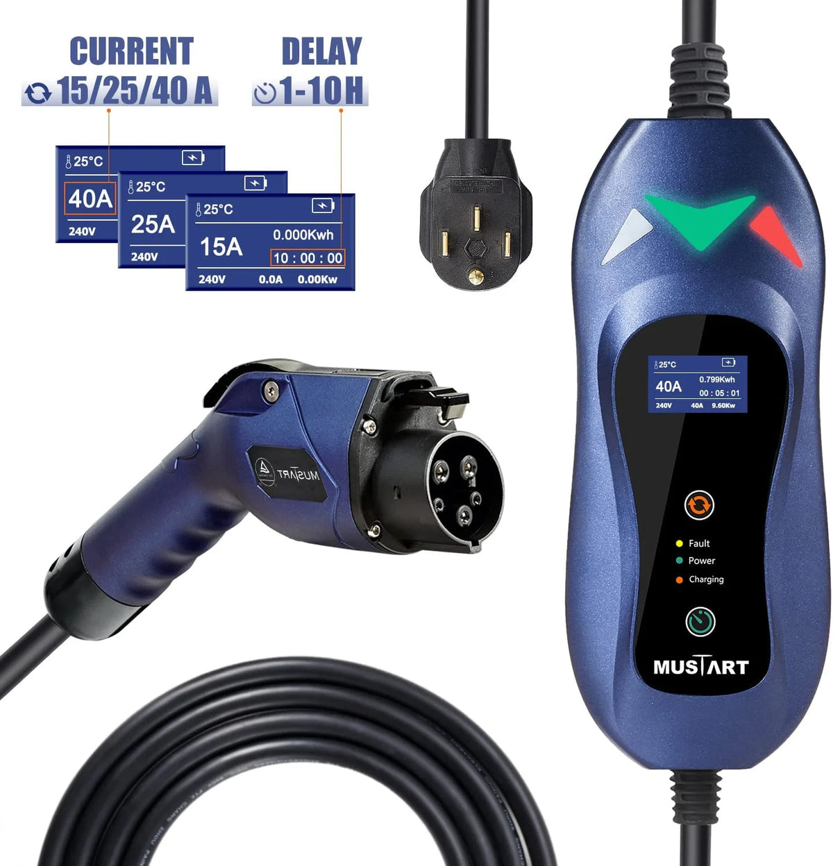 Portable Level 2 EV Charger, 240 Volt, 25ft Cable, 40 Amp Adjustable, NEMA 14-50P U9404