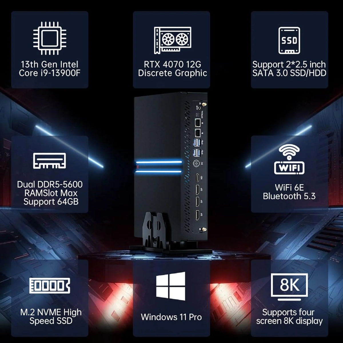 Mini Gaming PC i9-13900F GeForce RTX4070 32G DDR5 RAM 1T SSD Windows 11 Pro WiFi6E BT5.3 M582173