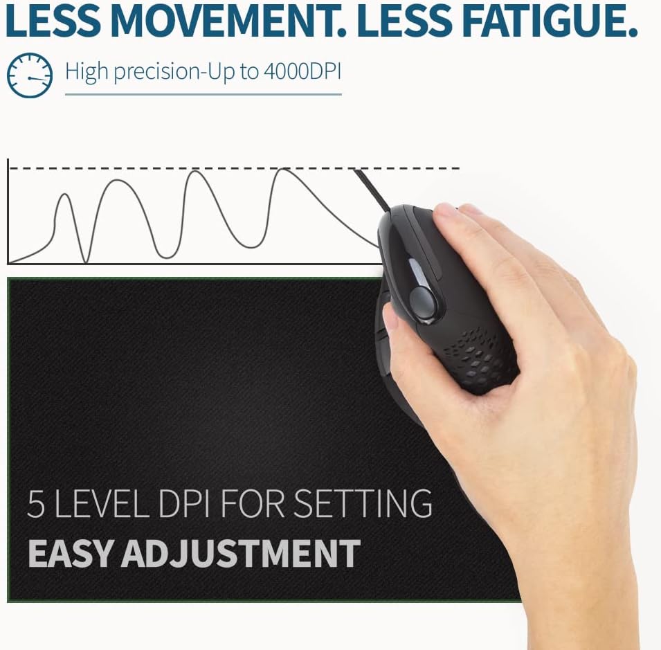Wired Ergonomic Vertical Mouse with Thumb Wheel, 6 Programmable Buttons, 4000 DPI, Removable Wrist Rest W638