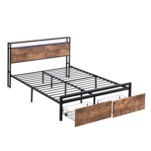 Full Size Metal Platform Bed with Storage Headboard and 2 Drawers L331008