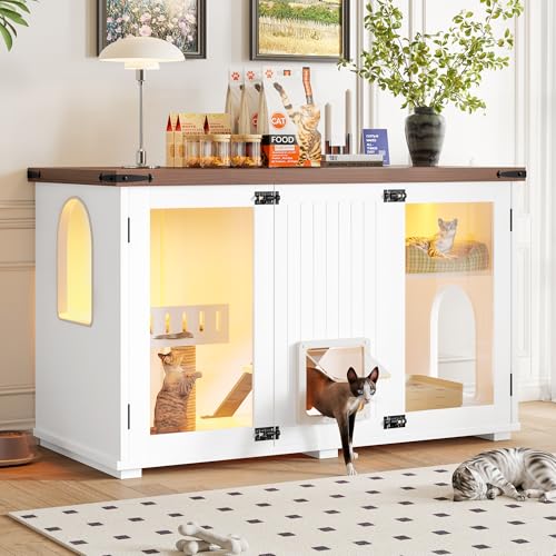 White Multi-Functional Cat Litter Box Enclosure with Smart Door & LED Light E33617