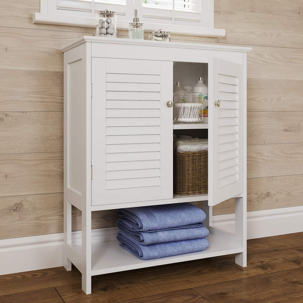White Two-Door Floor Cabinet with Open Shelf P19919