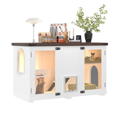 White Multi-Functional Cat Litter Box Enclosure with Smart Door & LED Light E33617