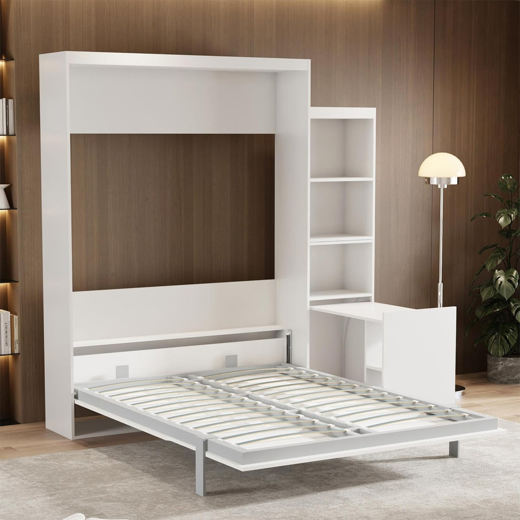 White Queen Size Vertical Murphy Bed with Desk and Drawers T34307