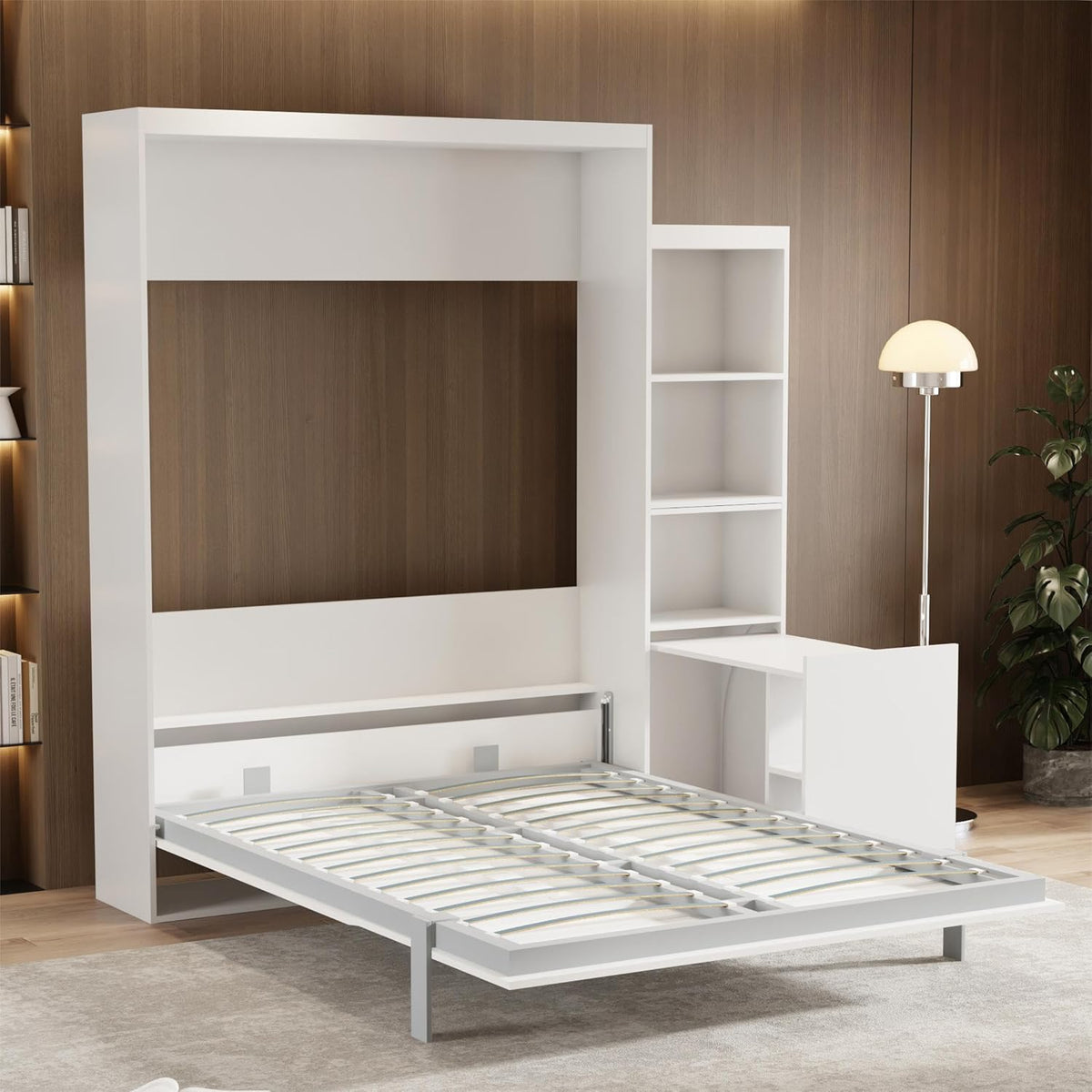White Queen Size Vertical Murphy Bed with Desk and Drawers T34307