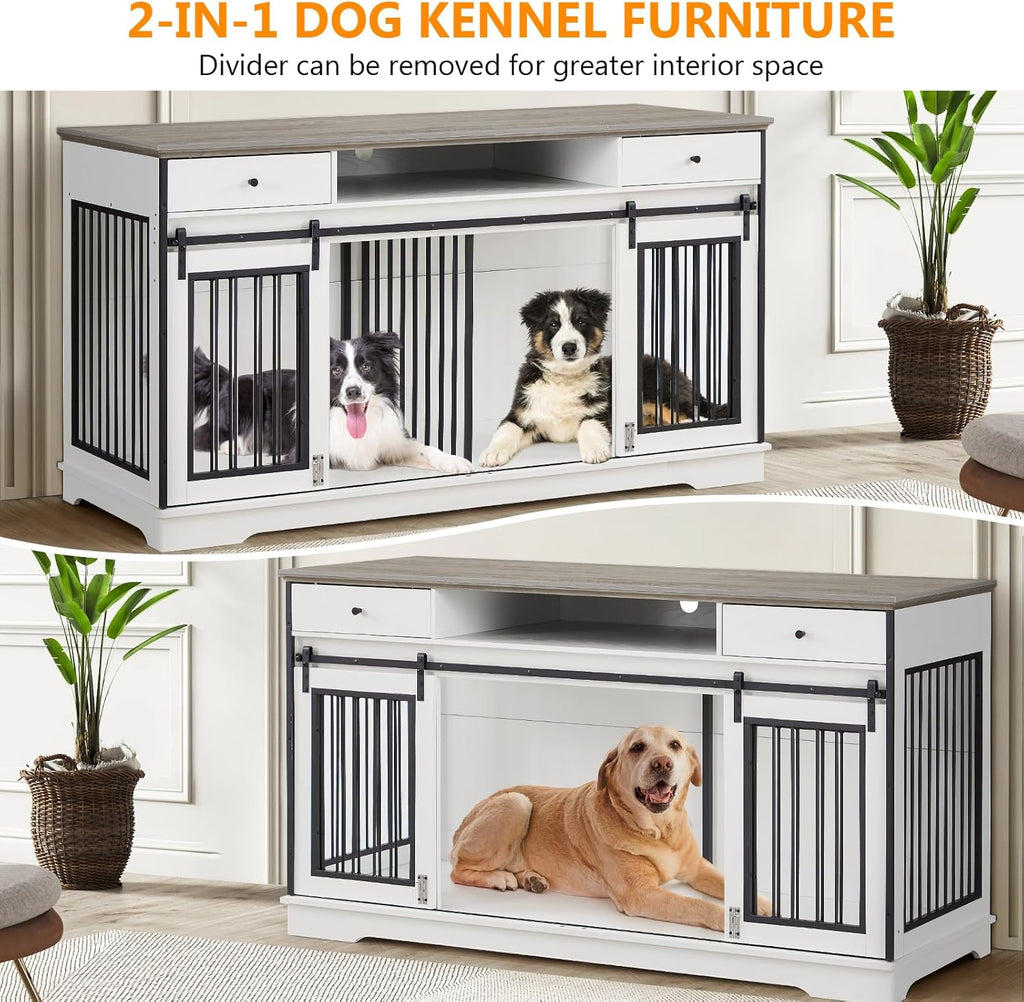 White Double Dog Crate Furniture with Divider and 2 Drawers M668