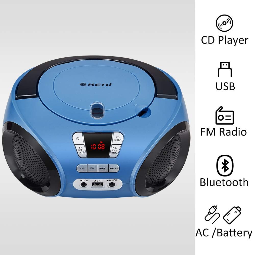 Blue Portable CD Player Boombox with FM Radio, Bluetooth, Stereo Sound Speaker, Pack of 2 W672