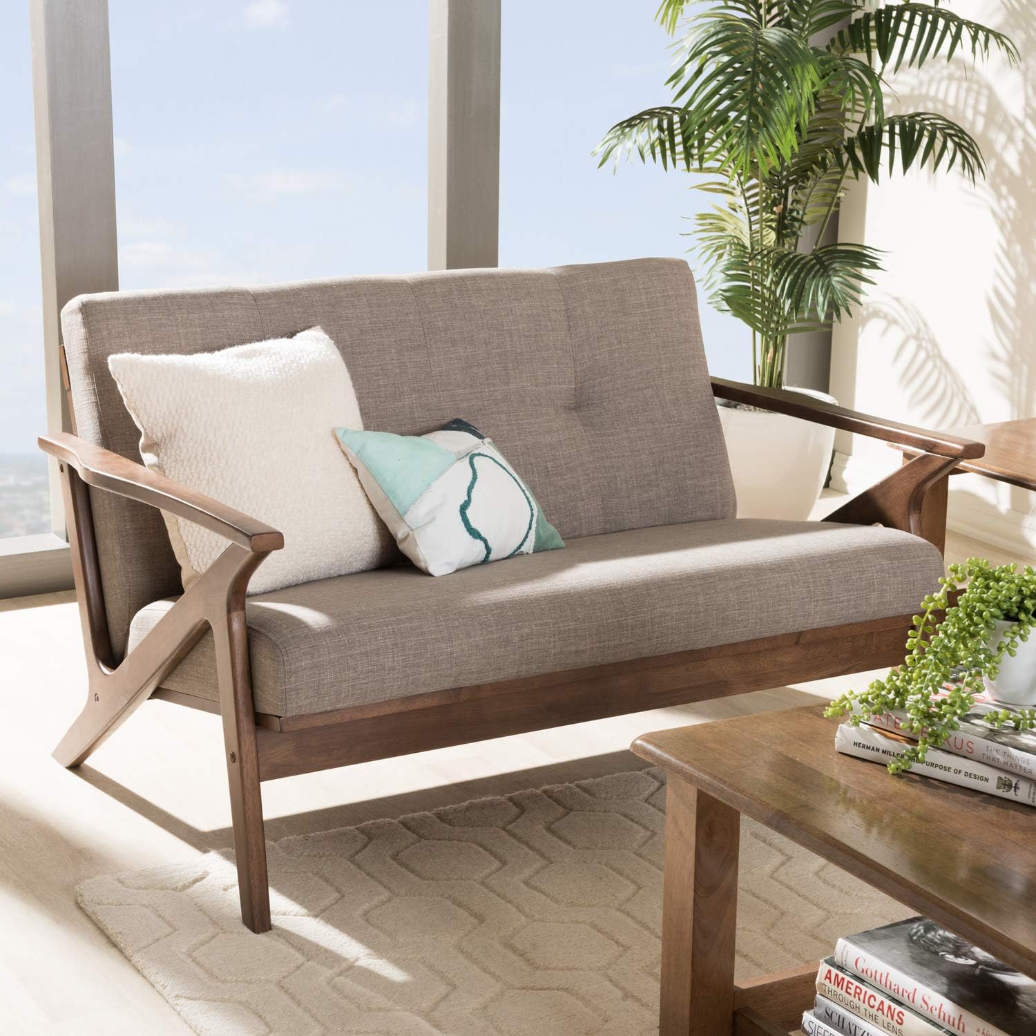 Walnut Wood Light Grey Fabric Tufted 2-Seater Loveseat U511