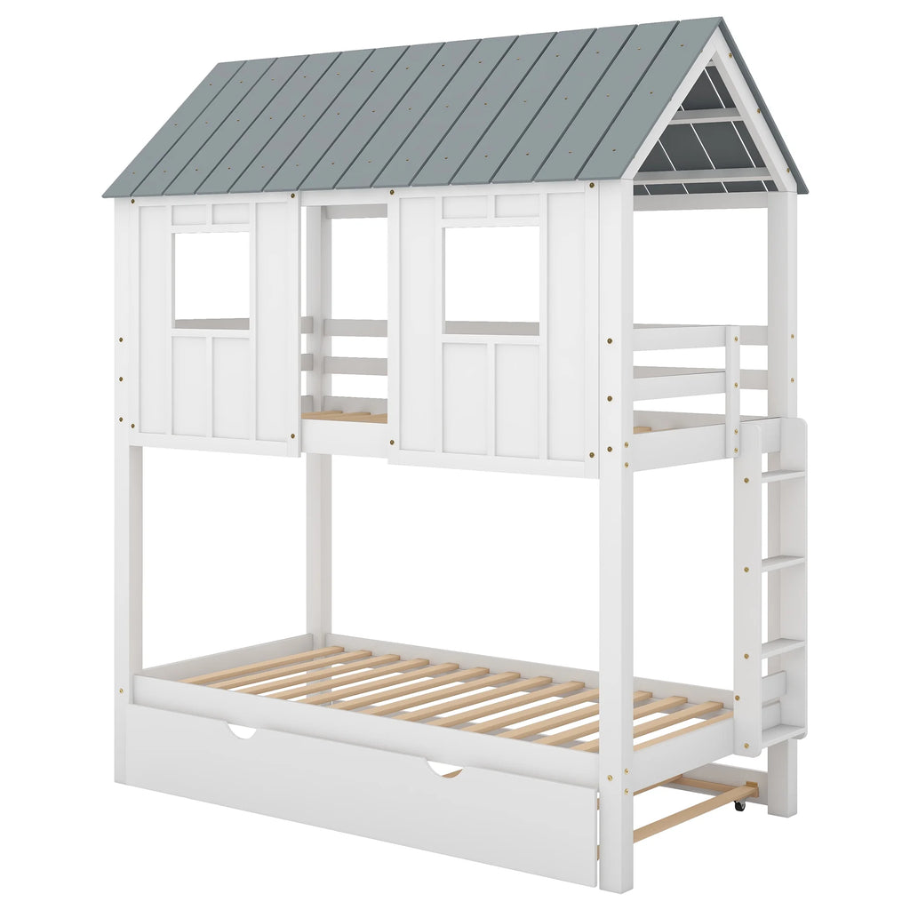 Twin Size House Bunk Bed with Trundle A980075